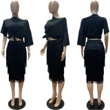 SC Plus Size Solid Off Shoulder Tassel Skirt 2 Piece Sets JRF-3688