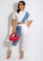 SC Denim Pachwork Two Piece Pants Sets MEM-88435