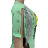 SC Plus Size Tassel Split T Shirt+Mesh Pants 2 Piece Sets FNN-8670