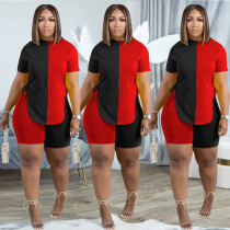 SC Contrast Color Split Top And Shorts Two Piece Sets XSF-6085