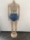 SC Denim Bra Top And Shorts Two Piece Sets OSM-4354