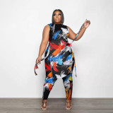 SC Plus Size Printed Sleeveless Split Two Piece Pants Sets PHF-13278