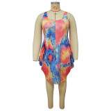 SC Plus Size Tie Dye Print Sleeveless Irregular Dress NNWF-7453