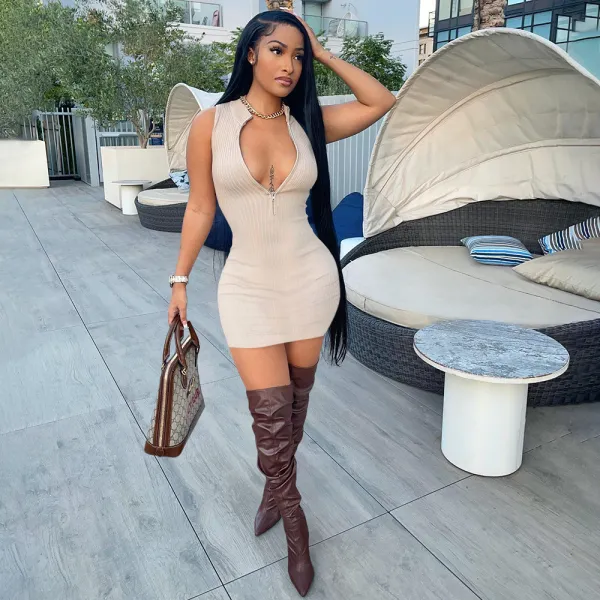 SC Solid Ribbed Sleeveless Zipper Slim Mini Dress YIM-257