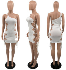SC Solid Color One Shoulder Hollow Bandage Mini Dress YACF-YC8023