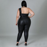 SC Plus Size Black PU Leather Two Piece Pants Sets NNWF-7338