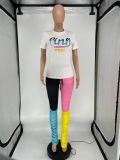 SC Casual PINK Letter Print T-shirt Contrast Ruched Pants 2 Piece Set XYKF-9025