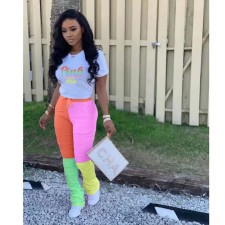 SC Casual PINK Letter Print T-shirt Contrast Ruched Pants 2 Piece Set XYKF-9025