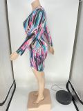 SC Plus Size Print Long Sleeve Mini Dress Without Belt XYKF-9011