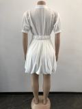 SC Solid Short Sleeve Belted Mini Dress OSM-3338