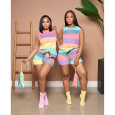 SC Colorful Stripe Sleeveless Two Piece Shorts Sets SHE-7298