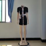 SC Plaid Pathchwork Turndown Collar Sashes Mini Dress CY-2673