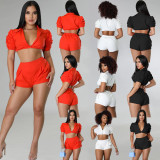 SC Solid Crop Top And Shorts Two Piece Sets SLF-7049