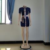 SC Plaid Pathchwork Turndown Collar Sashes Mini Dress CY-2673
