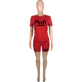 SC Plus Size Pink Letter Print T Shirt And Shorts 2 Piece Sets MEI-9256