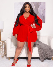 SC Plus Size Chiffon Long Sleeve V Neck Sashes Romper MOF-6692