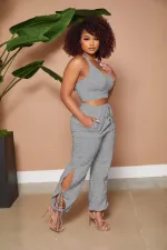 SC Plus Size Solid Tank Top Split Pants 2 Piece Sets HM-6615