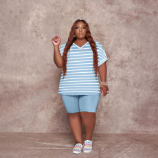SC Plus Size Striped V Neck T Shirt And Shorts Sets PHF-13282