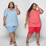 SC Plus Size Striped V Neck T Shirt And Shorts Sets PHF-13282