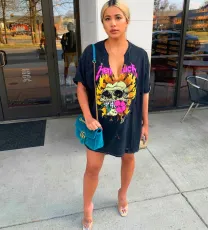 SC Casual Printed V Neck Hole Hip Hop T-Shirt MDF-5313