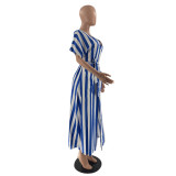 SC Striped V Neck Short Sleeve Sashes Long Shirt Dress YN-88857