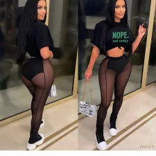 SC Letter Print T Shirt+Mesh Pants Two Piece Sets SXF-20501