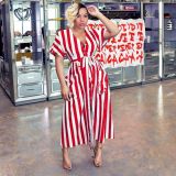 SC Striped V Neck Short Sleeve Sashes Long Shirt Dress YN-88857