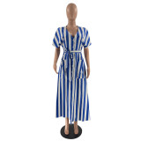 SC Striped V Neck Short Sleeve Sashes Long Shirt Dress YN-88857