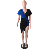 SC Plus Size Contrast Color Sequin V Neck Split Midi Dress QYF-2242
