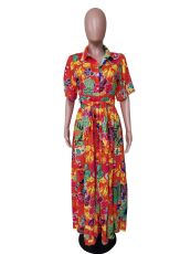 SC Floral Print Short Sleeve Buttons Sashes Maxi Dress MK-3090