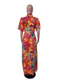 SC Floral Print Short Sleeve Buttons Sashes Maxi Dress MK-3090