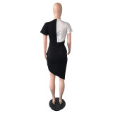 SC Plus Size Contrast Color Sequin V Neck Split Midi Dress QYF-2242