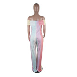 SC Plus Size Fashion Sexy Off Shoulder Color Striped Print Jumpsuit YM-9222