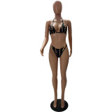 SC Sexy Print Bikini Mesh Hollow Swimsuit Three Piece Set CQF-90103