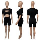 SC Solid Hollow Out Bodysuit+Shorts 2 Piece Sets ME-S905