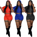 SC Plus Size Solid Hooded Two Piece Shorts Sets OY-6357