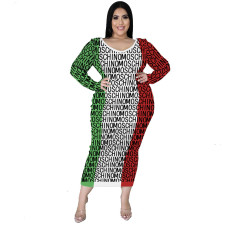 SC Plus Size Printed Long Sleeve Maxi Dress QCRF-8062