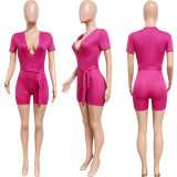 SC Solid Ribbed Short Sleeve Tight Sashes Romper HMS-5546