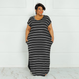 SC Plus Size Striped Short Sleeve Split Maxi Dress OSIF-22301