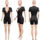 SC Solid Ribbed Short Sleeve Tight Sashes Romper HMS-5546