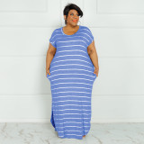 SC Plus Size Striped Short Sleeve Split Maxi Dress OSIF-22301