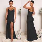 SC Sexy Solid Spaghetti Strap Split Maxi Evening Dress BY-5728