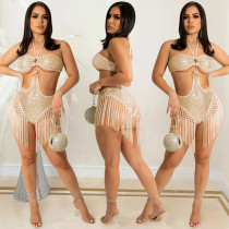 SC Sexy Sequin Tassel Hollow Out Halter Romper BY-5751