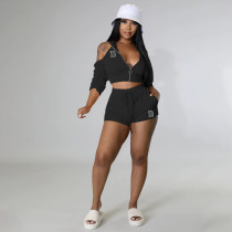 SC Letter B Hooded Backless Rcuhed 2 Piece Shorts Sets YUF-258