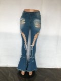 SC Plus Size Denim Ripped Hole Lace-Up Flared Jeans LX-5517