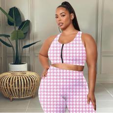 SC Plus Size Houndstooth Print Tank Top And Pants Sets QGBF-8028