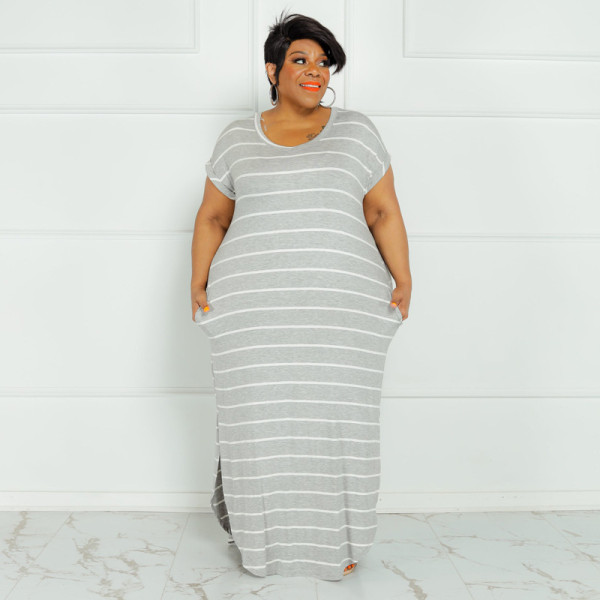 SC Plus Size Striped Short Sleeve Split Maxi Dress OSIF-22301