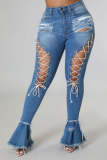 SC Plus Size Denim Ripped Hole Lace-Up Flared Jeans LX-5517