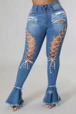 SC Plus Size Denim Ripped Hole Lace-Up Flared Jeans LX-5517