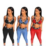 SC Pink Letter Print Fitness Two Piece Pants Sets FST-8048